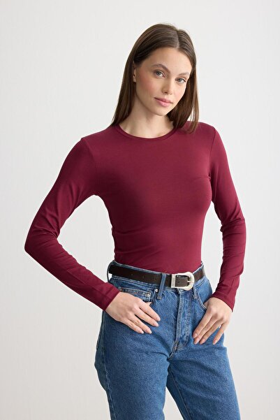 ipekton studio Long Sleeve Crew Neck Combed Cotton Bodysuit Burgundy