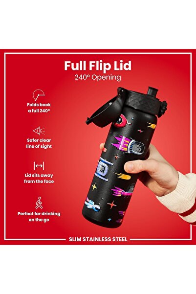 Ion8 Stainless Steel Water Bottle 600ml — Leakproof Flip Lid, Dishwasher Safe, Carry Handle