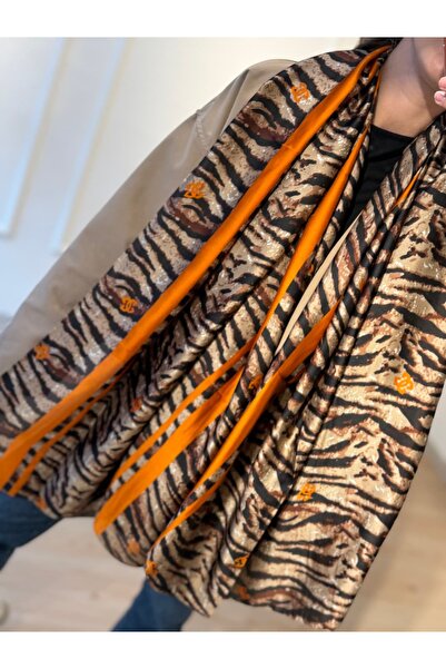 gingillo aksesuar Turuncu Şeritli Leopar Şal Fular 90*180cm