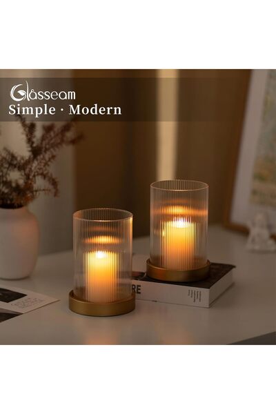 Glasseam Hurricane Glass Candle Holders, Set of 2 — Gold Ribbed Cylindrical Glass with Metal Plate