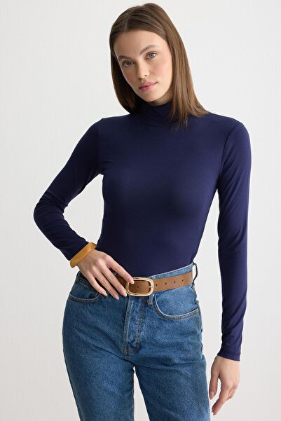 ipekton studio Long Sleeve Turtleneck Combed Cotton Bodysuit Navy Blue