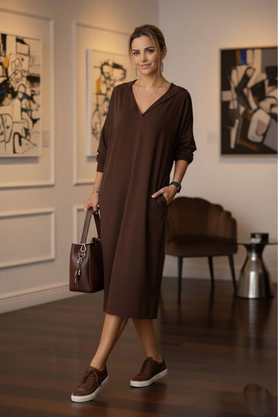 Nevin Kaya Moda Φόρεμα καφέ στιλ σουέτ - Υφασμάτινο μοντέλο