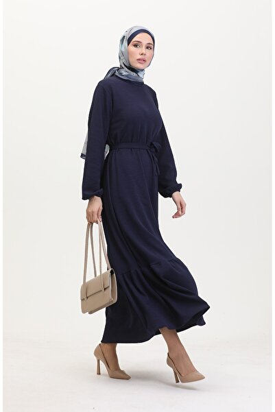 sefamerve Burgu Fabric Corded Fabric Ruffle Dress 2169-03 Navy Blue