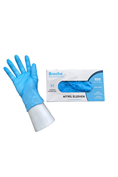 Broche TEK KULLANIMLIK PUDRASIZ NİTRİL ELDİVEN M BEDEN MAVİ 100'LÜ