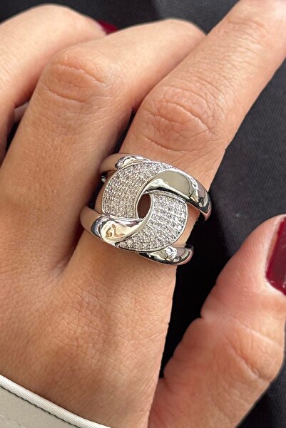 TAKIŞTIR Silver Color Stone Detailed Adjustable Steel Ring