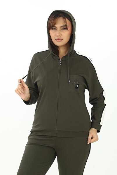 EXİTLİNE Women's Seasonal Striped Pocketed Hooded Khaki Tracksuit Set with Stone Accessories