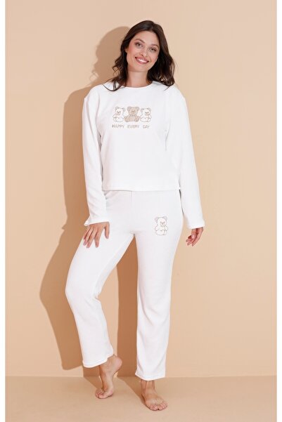 Wordex Σετ πιτζάμες χειμερινής γυναικείας φόρμας από ύφασμα πετσέτας Mr 9010 με κεντημένο αρκουδάκι