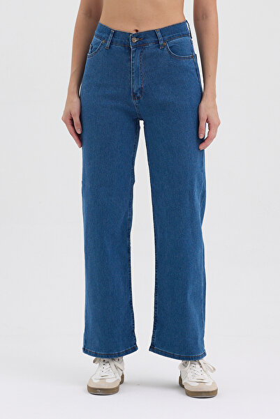 hateko Women's Hakan Jeans Flexible Wide Leg Blue High Waist Denim Trousers