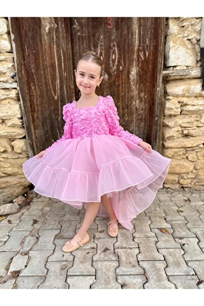 lunavella Girl's White Evening Dress – Long Sleeves – Short Front Long Back – Special Occasion Dress with 3D Flowers