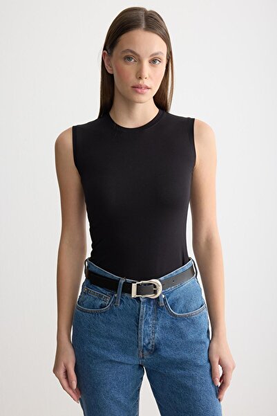 ipekton studio Crew Neck Zero Sleeve Combed Cotton Bodysuit Black