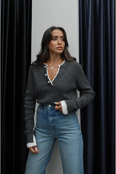 My Blog Anthracite-Cream Patchwork Two-Tone Sweater - 251074