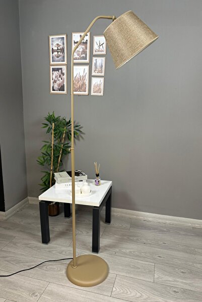 Bamyum Cotella Kumaş Dokulu Keten Bej Lambader Hareketli Başlık Modern Dekoratif Metal Zemin Lambası