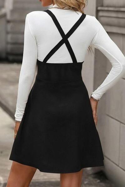 Mossta Mini Suede Dress with Suspender Button Detail - Black