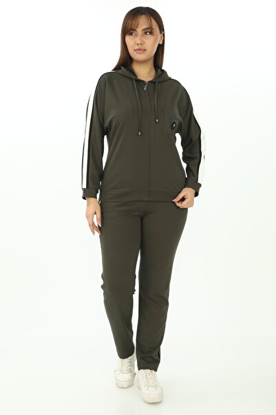 EXİTLİNE Women's Seasonal Striped Pocketed Hooded Khaki Tracksuit Set with Stone Accessories