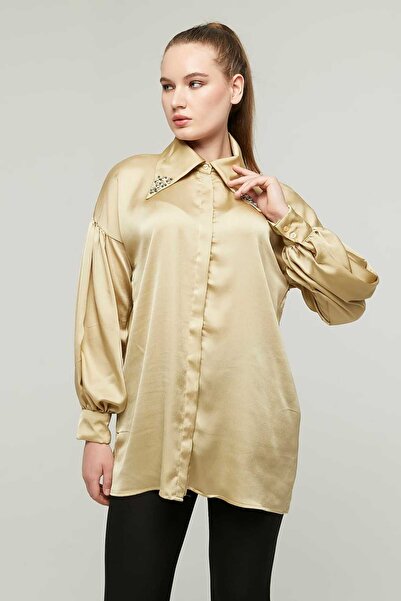 Milamia Women's Satin Shirt with Stone Collar