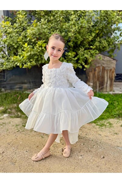 lunavella Girl's White Evening Dress – Long Sleeves – Short Front Long Back – Special Occasion Dress with 3D Flowers