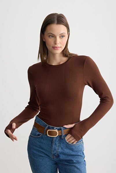 ipekton studio Crew Neck Fingerless Bodysuit Bitter Brown