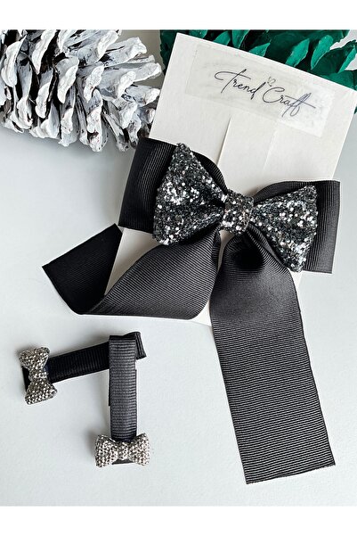TrendCraft Siyah Kurdele Glitter Fiyonklu 3’lü Özel Tasarım Klipsli Toka Seti