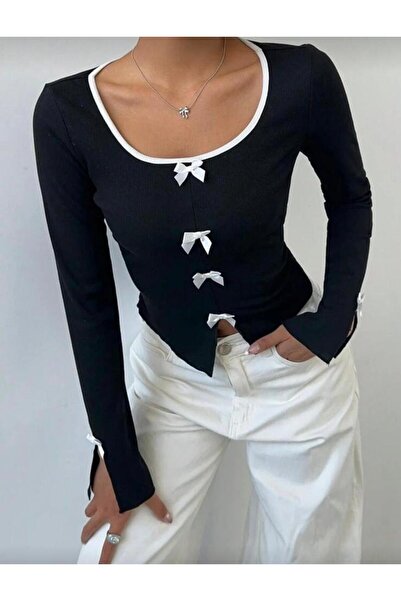 LOUİSA Women's Black Collar Long Sleeve Bodysuit with White Ribbon