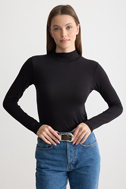 ipekton studio Long Sleeve Turtleneck Combed Cotton Bodysuit Black