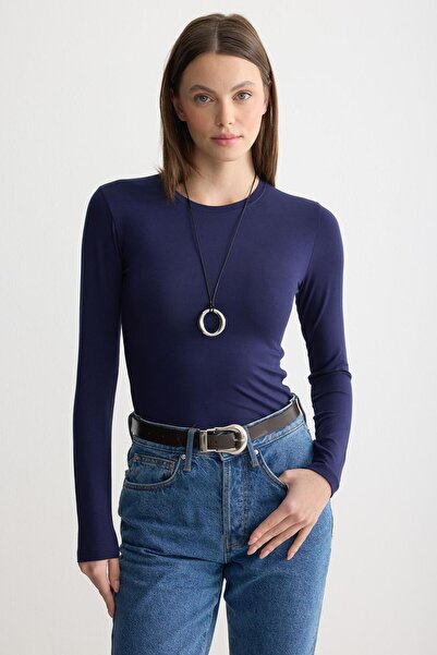 ipekton studio Long Sleeve Crew Neck Combed Cotton Bodysuit Navy Blue