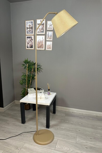 Bamyum Cotella Kumaş Dokulu Kum Bej Lambader Hareketli Başlık Modern Dekoratif Metal Zemin Lambası