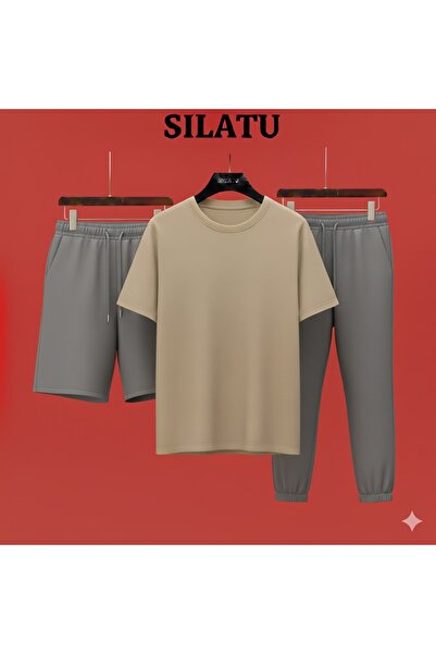 SILATU Bej T-Shirt Sweatpants Shorts 3-Piece Set