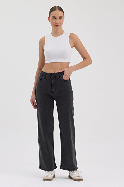 hateko Women's Hakan Jeans Flexible Stretch Fabric Wide Leg Anthracite High Waist Denim Trousers