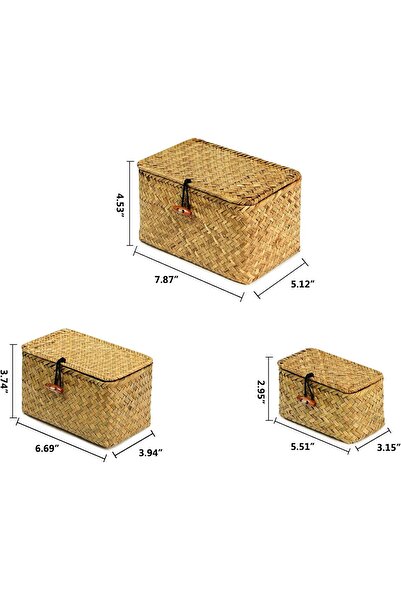 Generic FEILANDUO Shelf Baskets with Lid, Set of 3 Hand-Woven Seagrass Storage Boxes, Rattan Makeup Organize