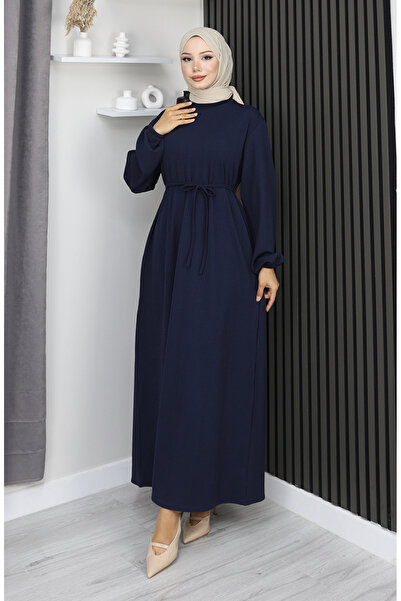 sefamerve Burgu Fabric Sleeve Elasticated Hijab Dress 2170-04 Navy Blue