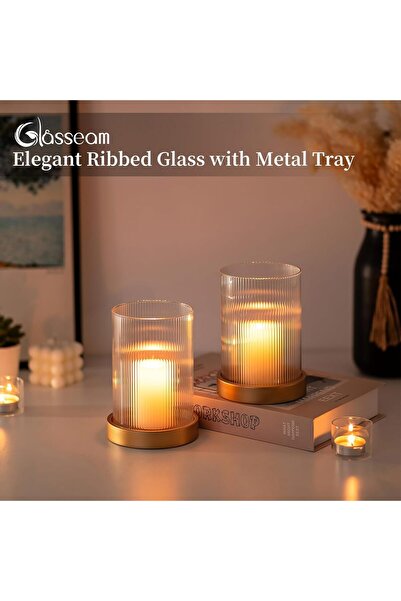 Glasseam Hurricane Glass Candle Holders, Set of 2 — Gold Ribbed Cylindrical Glass with Metal Plate