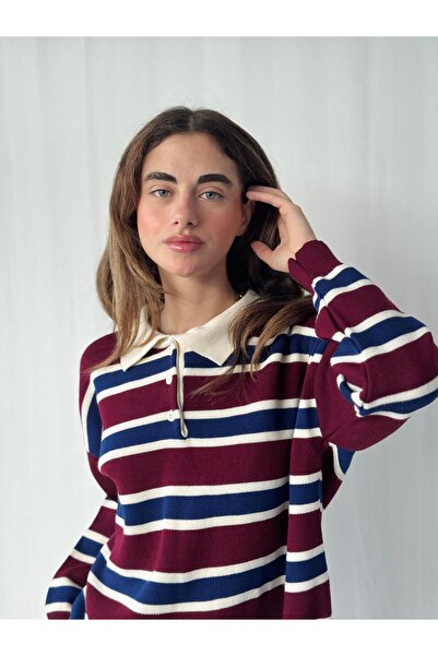 Retrobird Polo Neck Striped Knitwear Sweater Women Burgundy