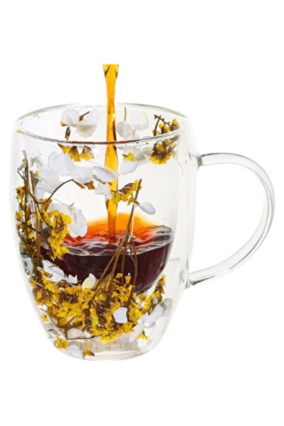 wei Double wall borosilicate glass mug 350ml yellow dried flowers