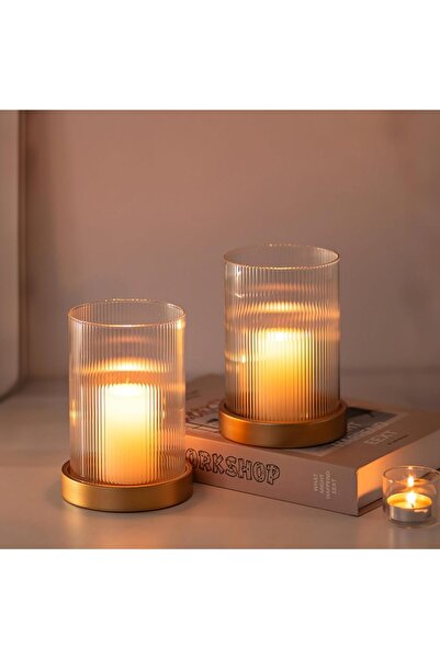 Glasseam Hurricane Glass Candle Holders, Set of 2 — Gold Ribbed Cylindrical Glass with Metal Plate