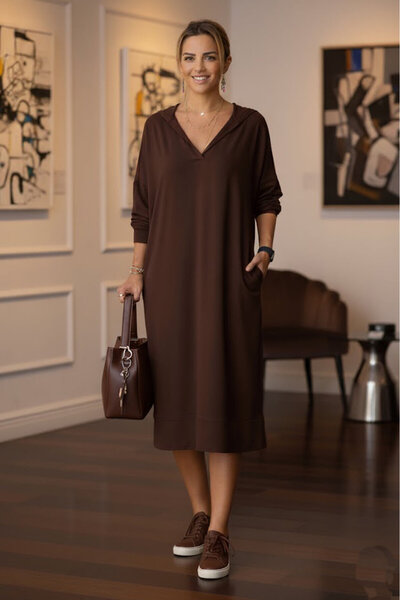 Nevin Kaya Moda Φόρεμα καφέ στιλ σουέτ - Υφασμάτινο μοντέλο