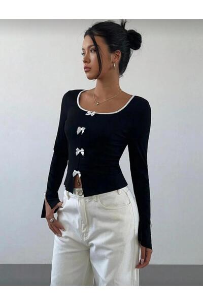 LOUİSA Women's Black Collar Long Sleeve Bodysuit with White Ribbon