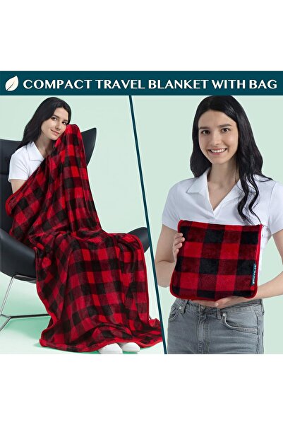 PAVILIA Travel Blanket with Pillow Bag, Soft Microfiber, 60 x 43 in, Red Gingham