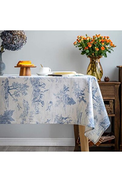 Generic Glory Season Rustic Linen Tablecloth, French Village Print, Blue, 55×102 in
