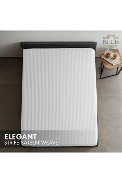 Hotel Linen Klub Fitted Queen Sheet - White Striped, 100% Cotton, 250 TC, 180×200+30 cm