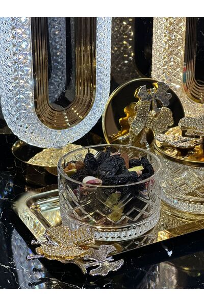 pırıltı home 3'LÜ TEPSİLİ GOLD TAŞLI DRAJELİK-LOKUMLUK-KAHVALTILIK-BAHARATLIK