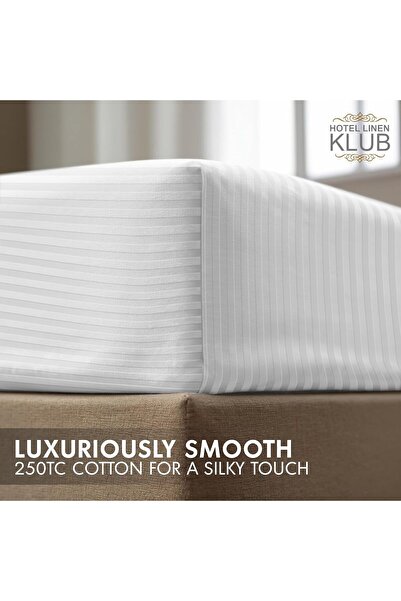 Hotel Linen Klub Fitted Queen Sheet - White Striped, 100% Cotton, 250 TC, 180×200+30 cm