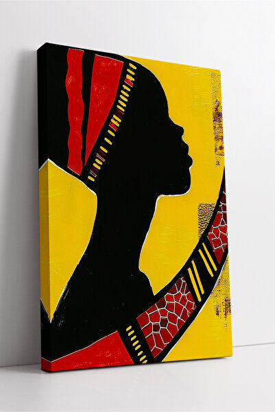 KOSS Dijital Profil de femeie africană, fundal galben, model roșu, artă etnică, pictură modernă pe pânză