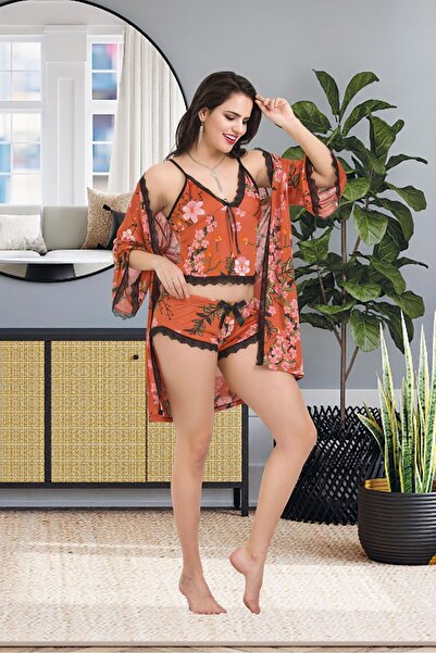aynora Women's Lace Detailed Orange Shorts Athlete Dressing Gown Set