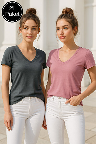 Rich Women's Dusty Rose-Dark Green 2-Pack Half Sleeve Crew Neck T-Shirt