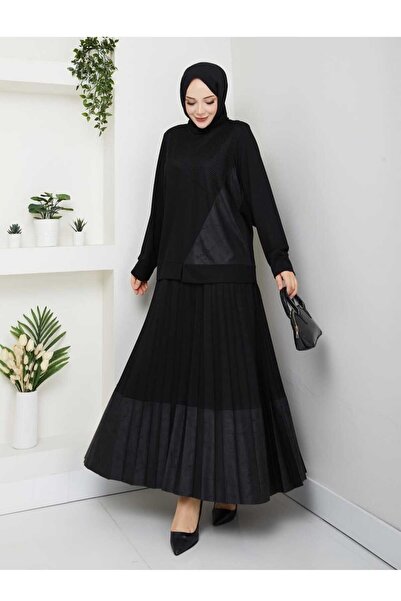 ALMİNA Combed Cotton Fabric with Fishnet and Leather Detail Skirt Suit
