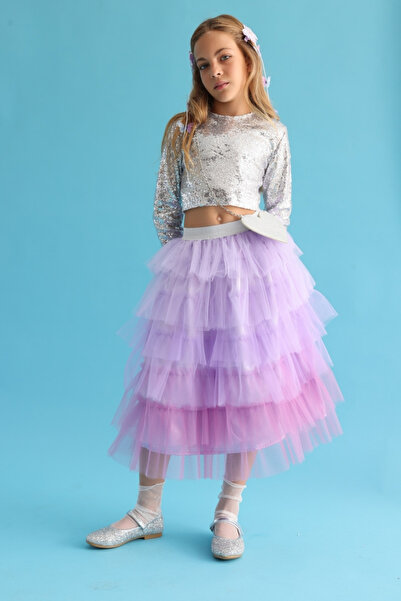 Le Mabelle Lilac Layered Tulle Girls' Long Skirt - Azalea