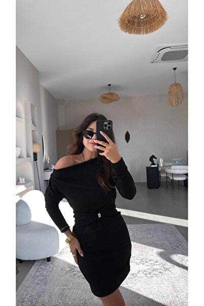 Buket Teke Black Shiny Glitter Dress with Waist Detail