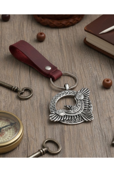 E&F Takı Eagle Design Keychain Burgundy Genuine Leather Keychain Accessory Gi...