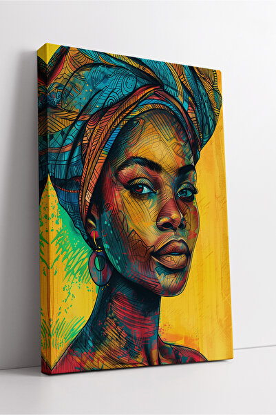 KOSS Dijital Portret de femeie africană cu model etnic colorat, pictură artistică abstractă pe pânză cu fundal galben