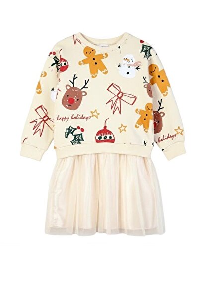 Monila Κοριτσίστικο Πρωτοχρονιάτικο Φόρεμα με τύπωμα με λεπτομέρειες από τούλι